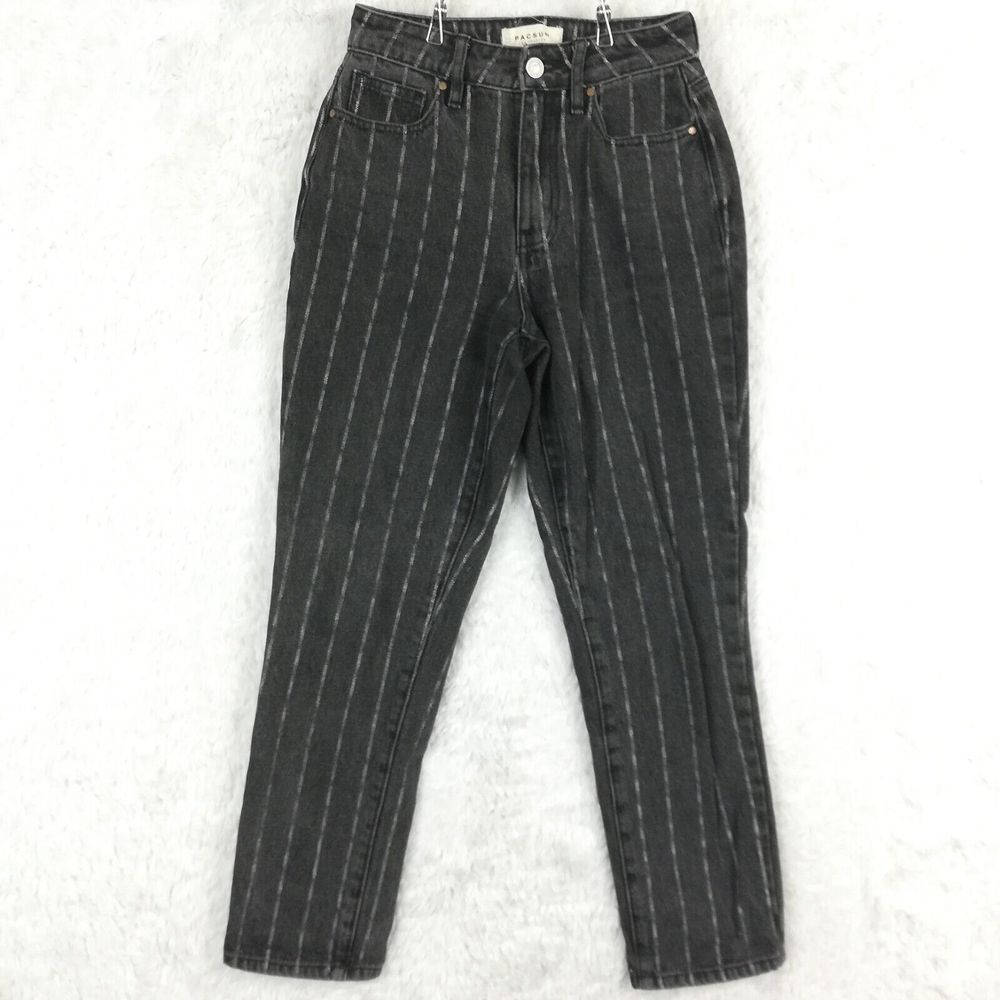 Pacsun Womens Mom Jeans‎ Crop High Rise Denim Black Chalk Stripe Broken-in 23